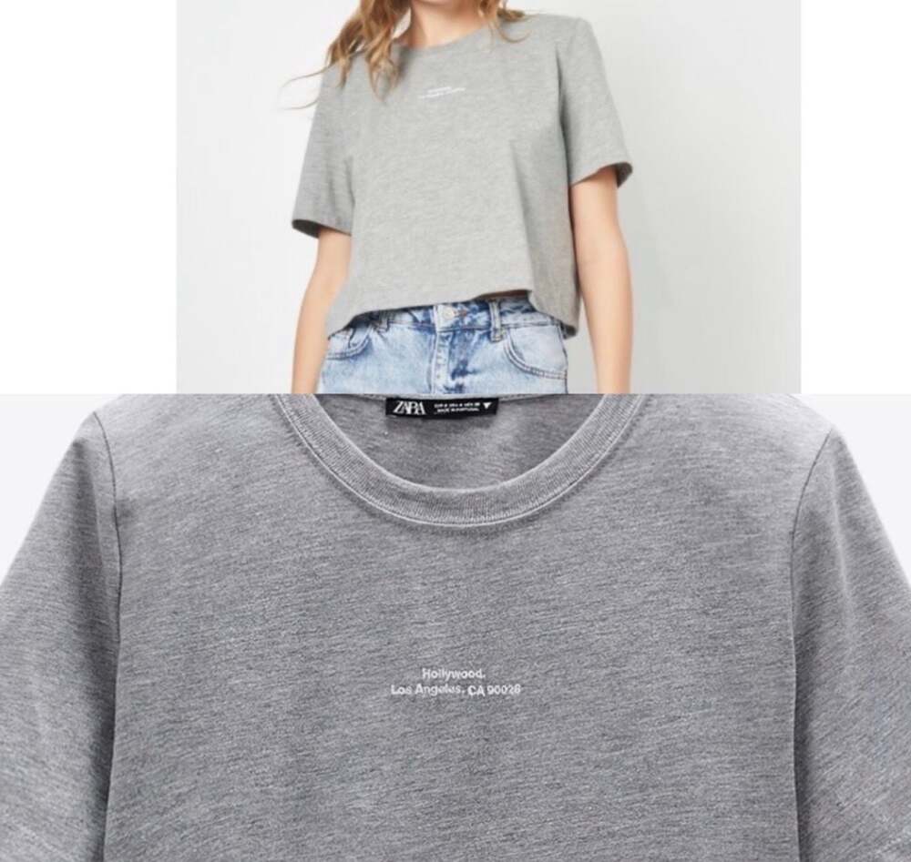 ZARA Women's Grey Cropped T-Shirt Hollywood Los Angeles Embroidered M